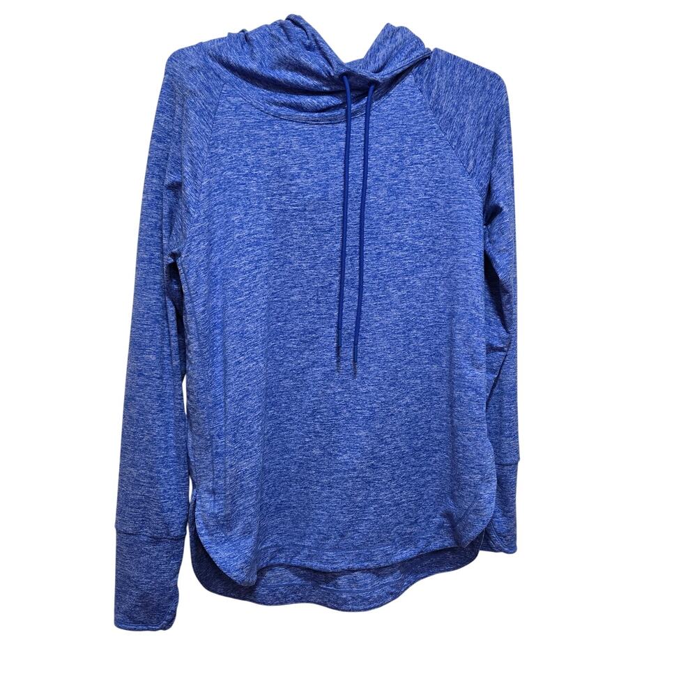 Athleta Uptempo Hoodie M Blue Heather Cowl Neck Thumbhole Pullover
